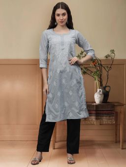 Seva Chikan - Grey Embroidered Cotton Chikankari Kurta