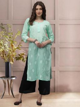 Seva Chikan - Green Embroidered Cotton Chikankari Kurta