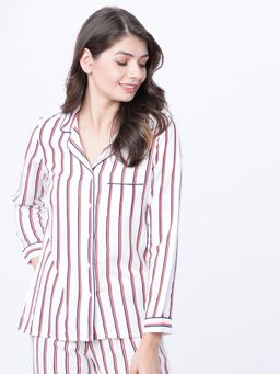 TOKYO TALKIES - Women White Regular Fit Striped Sleep Shirt