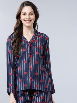 TOKYO TALKIES - Women Navy Blue and Red Floral Printed Sleep Shirt