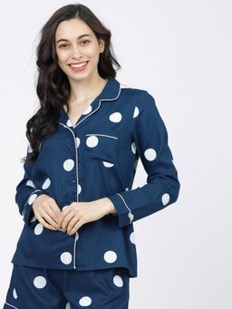 TOKYO TALKIES - Women Navy Blue and White Printed Sleep Shirt