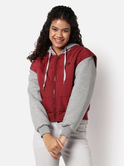 Campus Sutra - Womens Colour-Blocked Puffer Jacket Maroon