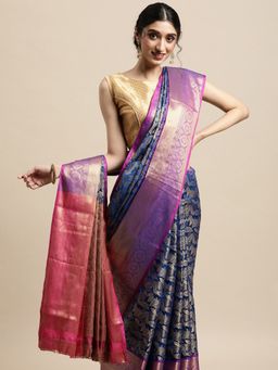 Vastranand - Blue & Gold-Toned Woven Design Zari Silk Blend Kanjeevaram Saree with Unstitched Blouse