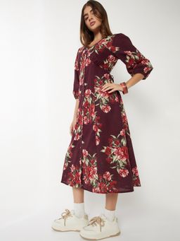 max - Women Burgundy Floral Three Fourth Sleeves Dress