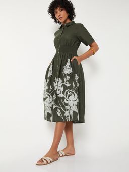 max - Women Green Floral Half Sleeves Dress