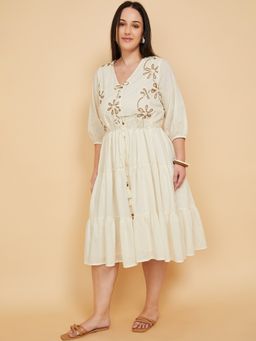 max - Women Off White Embroidered Three Fourth Sleeves Dress
