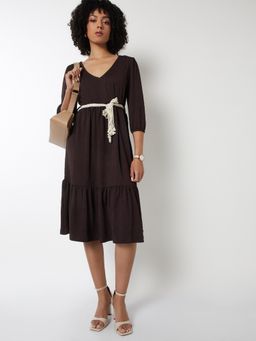 max - Women Brown Solid/Plain Three Fourth Sleeves Dress with Belt