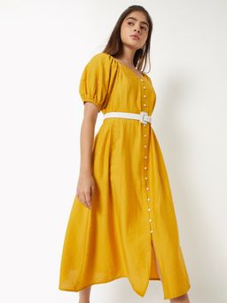 max - Women Mustard Solid/Plain Half Sleeves Dress with Belt