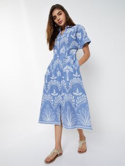 max - Women Blue Printed Half Sleeves Dress