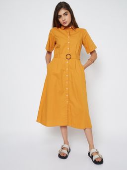 max - Women Mustard Solid/Plain Half Sleeves Dress with Belt