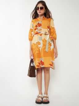 max - Women Mustard Printed Three Fourth Sleeves Dress with Belt