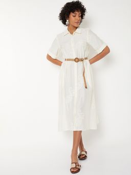 max - Women Beige Embroidered Half Sleeves Dress with Belt