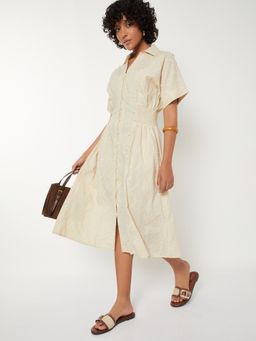 max - Women Beige Self Design Half Sleeves Dress