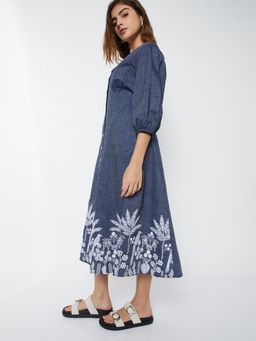 max - Women Blue Embroidered Three Fourth Sleeves Dress