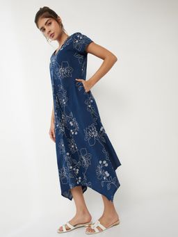 max - Women Blue Embroidered Half Sleeves Dress