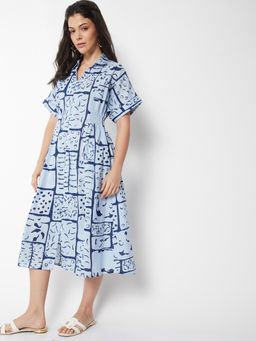 max - Women Blue Printed Half Sleeves Dress