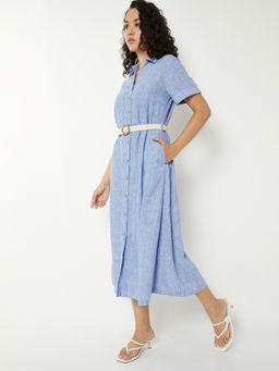 max - Women Blue Textured Half Sleeves Dress with Belt
