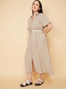 max - Women Beige Textured Half Sleeves Dress with Belt