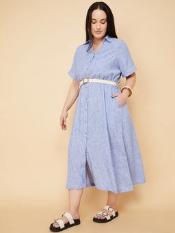 max - Women Blue Textured Half Sleeves Dress with Belt