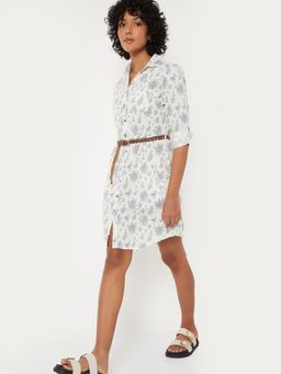 max - Women White Printed Full Sleeves Dress with Belt