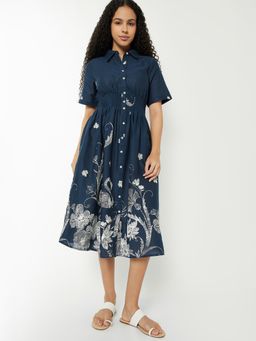 max - Women Blue Floral Half Sleeves Dress