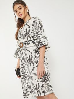 max - Women Off White Printed Three Fourth Sleeves Dress with Belt