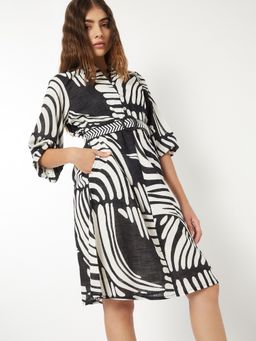 max - Women Off White Printed Three Fourth Sleeves Dress with Belt