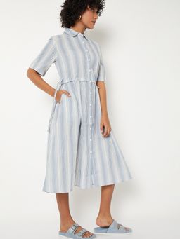 max - Women Off White Stripes Half Sleeves Dress
