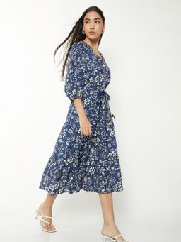 max - Women Blue Floral Three Fourth Sleeves Dress with Belt
