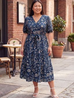 max - Women Navy Blue Floral Half Sleeves Dress with Belt