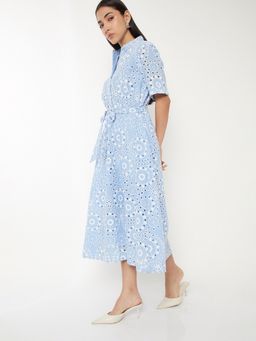 max - Women Blue Self Design Half Sleeves Dress with Belt
