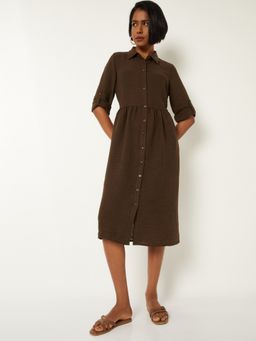 max - Women Brown Self Design Three Fourth Sleeves Dress