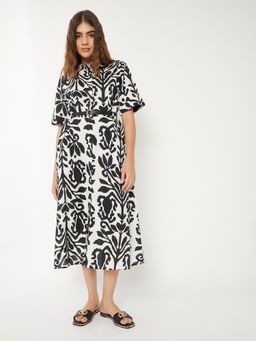 max - Women White Printed Half Sleeves Dress with Belt