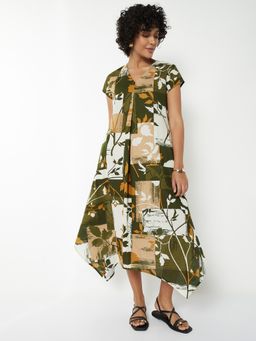 max - Women Olive Printed Half Sleeves Dress