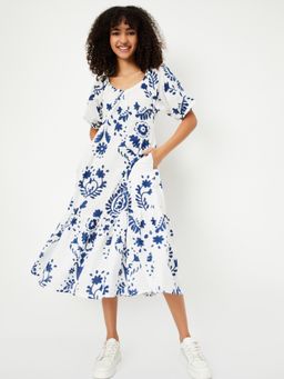 max - Women Off White Printed Half Sleeves Dress