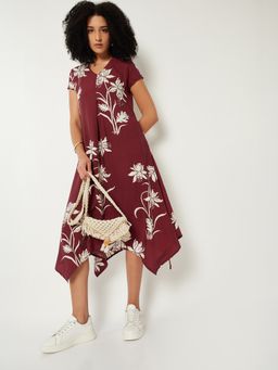max - Women Maroon Floral Half Sleeves Dress