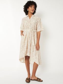 max - Women Beige Printed Half Sleeves Dress with Belt