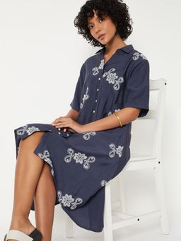 max - Women Navy Blue Embroidered Half Sleeves Dress