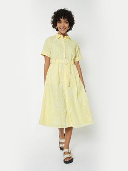 max - Women Yellow Printed Half Sleeves Dress with Belt