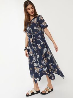 max - Women Navy Blue Floral Half Sleeves Dress
