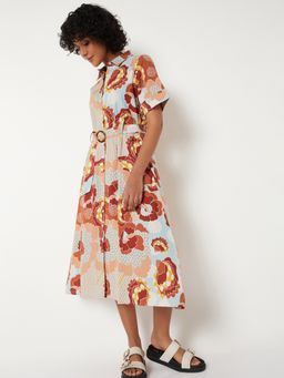 max - Women Brown Floral Half Sleeves Dress with Belt