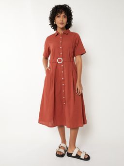 max - Women Rust Solid/Plain Half Sleeves Dress with Belt