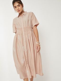 max - Women Pink Embroidered Half Sleeves Dress