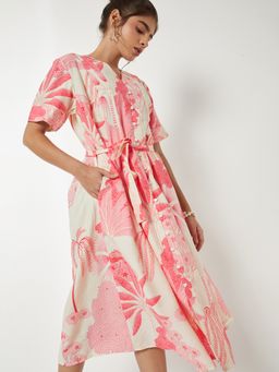 max - Women Off White Floral Half Sleeves Dress with Belt