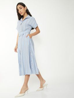 max - Women Blue Stripes Half Sleeves Dress with Belt
