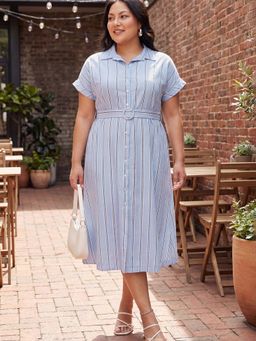 max - Women Blue Stripes Half Sleeves Dress with Belt