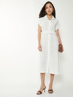 max - Women Off White Solid/Plain Half Sleeves Dress with Belt