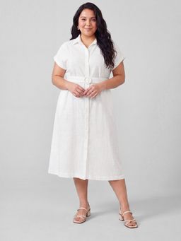 max - Women Off White Solid/Plain Half Sleeves Dress with Belt