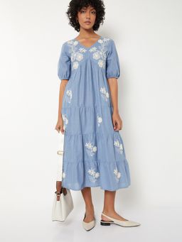 max - Women Blue Embroidered Half Sleeves Dress