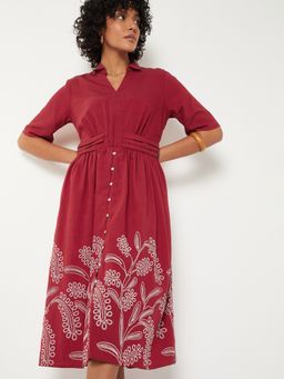 max - Women Red Embroidered Half Sleeves Dress